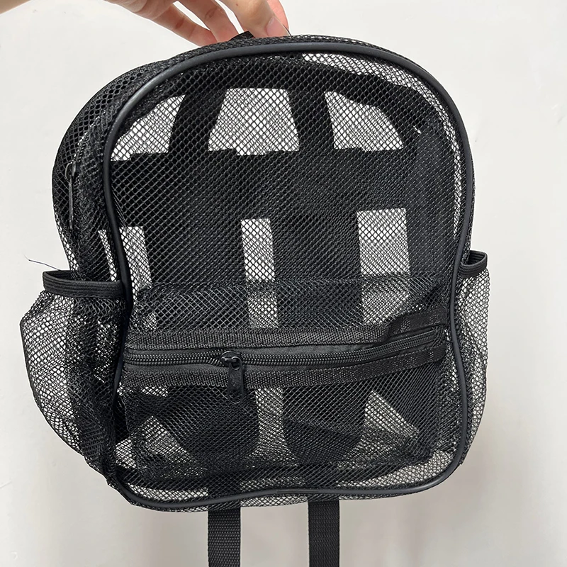 Foldable Large Capacity Strong load-bearing Capacity Black Mesh Backpack Transparent Simple Portable Outdoor Travel Beach Bag