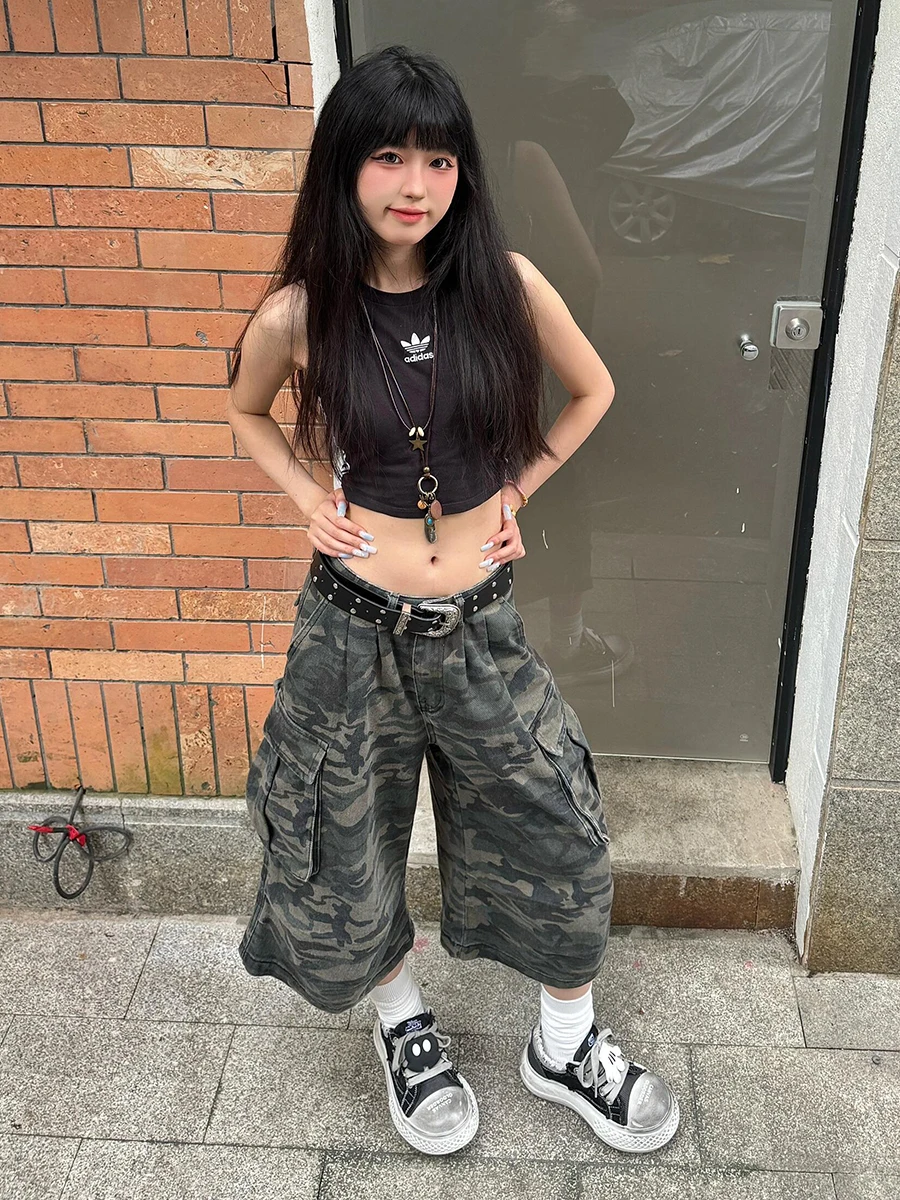 REDDACHiC Cargo Pockets Camouflage Baggy Jorts Women Pleated Pintuck Loose Casual High Rise Denim Shorts Harajuku Retro Clothes