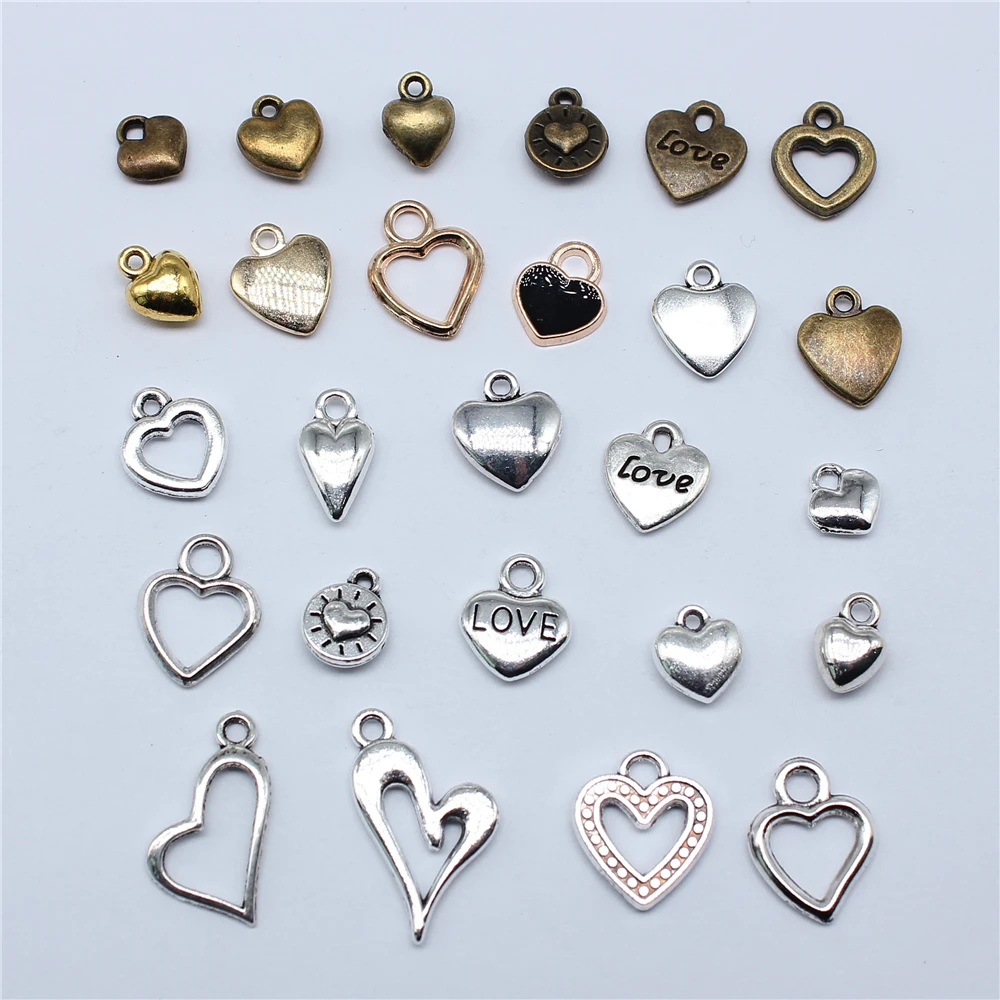 20pcs Antique Bronze Silver Color Pendants Making DIY Handmade Tibetan Finding Jewelry Hollow Heart Charms For Jewelry Making