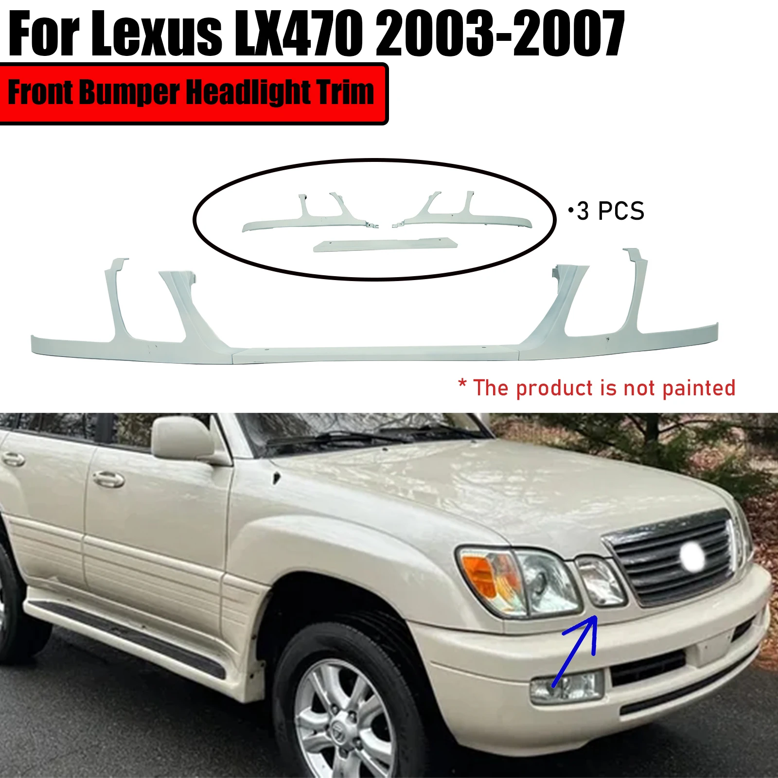 

A Set of Car Front Bumper Headlight Trim Grille Grill Cover For Lexus LX470 2003-2007 Body Kit Under Network Primer Unpainted