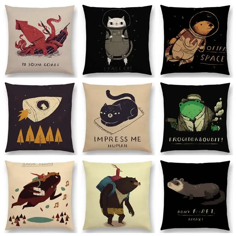 Cartoon Animal Sofa Throw Pillow Case Fantasy Adventure Legend Fairy Tales Bear Cat Bird Squid Sloth Cushion Cover