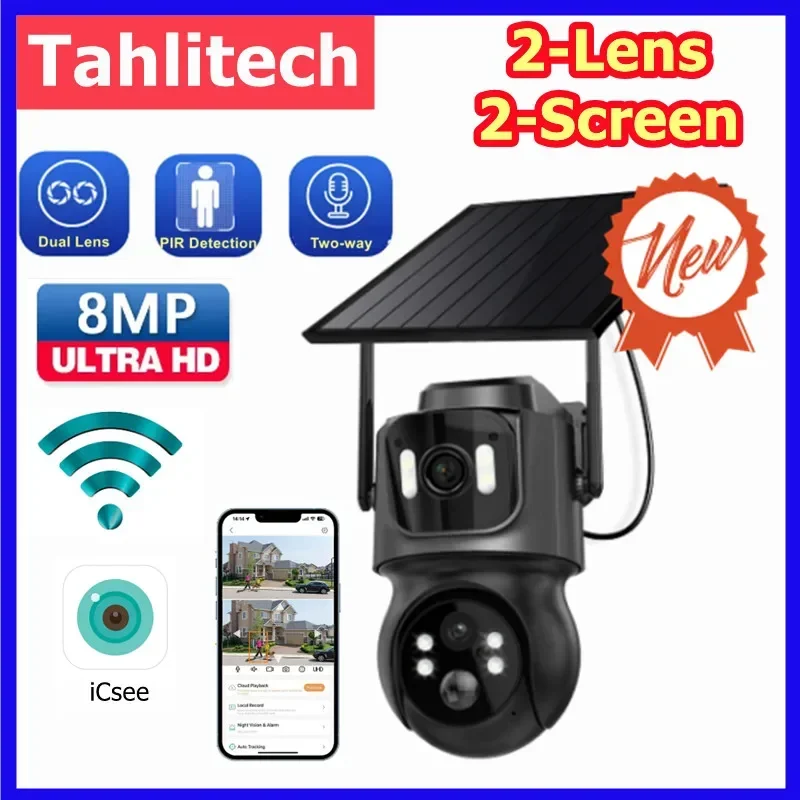 2-Lens 2-Screen 4K Wifi Solar Camera Outdoor Video Surveillance Security Wireless Camera With 7800mAh battery Amazon Alexa