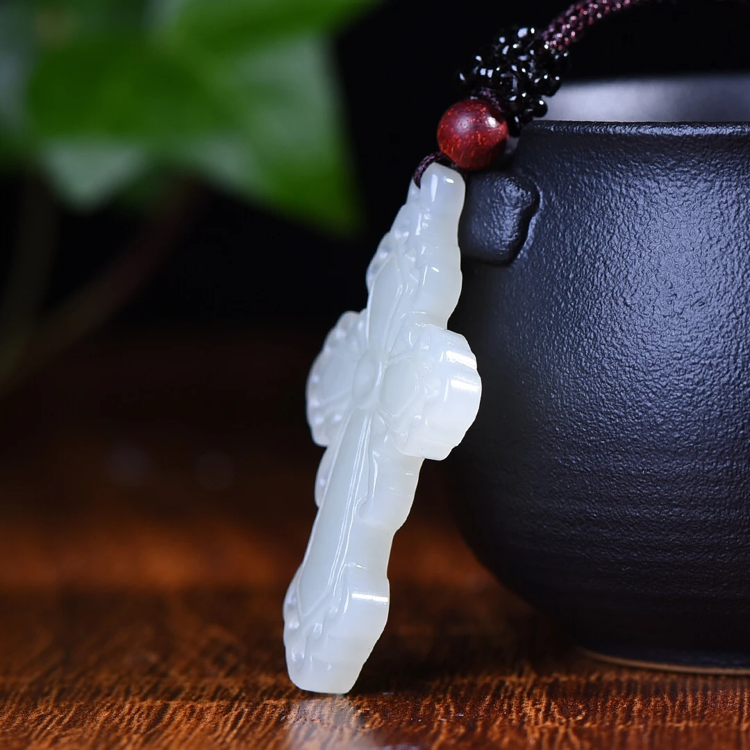 Genuine China Nephrite Stone White Jade Christ Cross Pendant Necklace Women Finejewelry Certified Hetian Jade Lucky Charm Amulet view 5