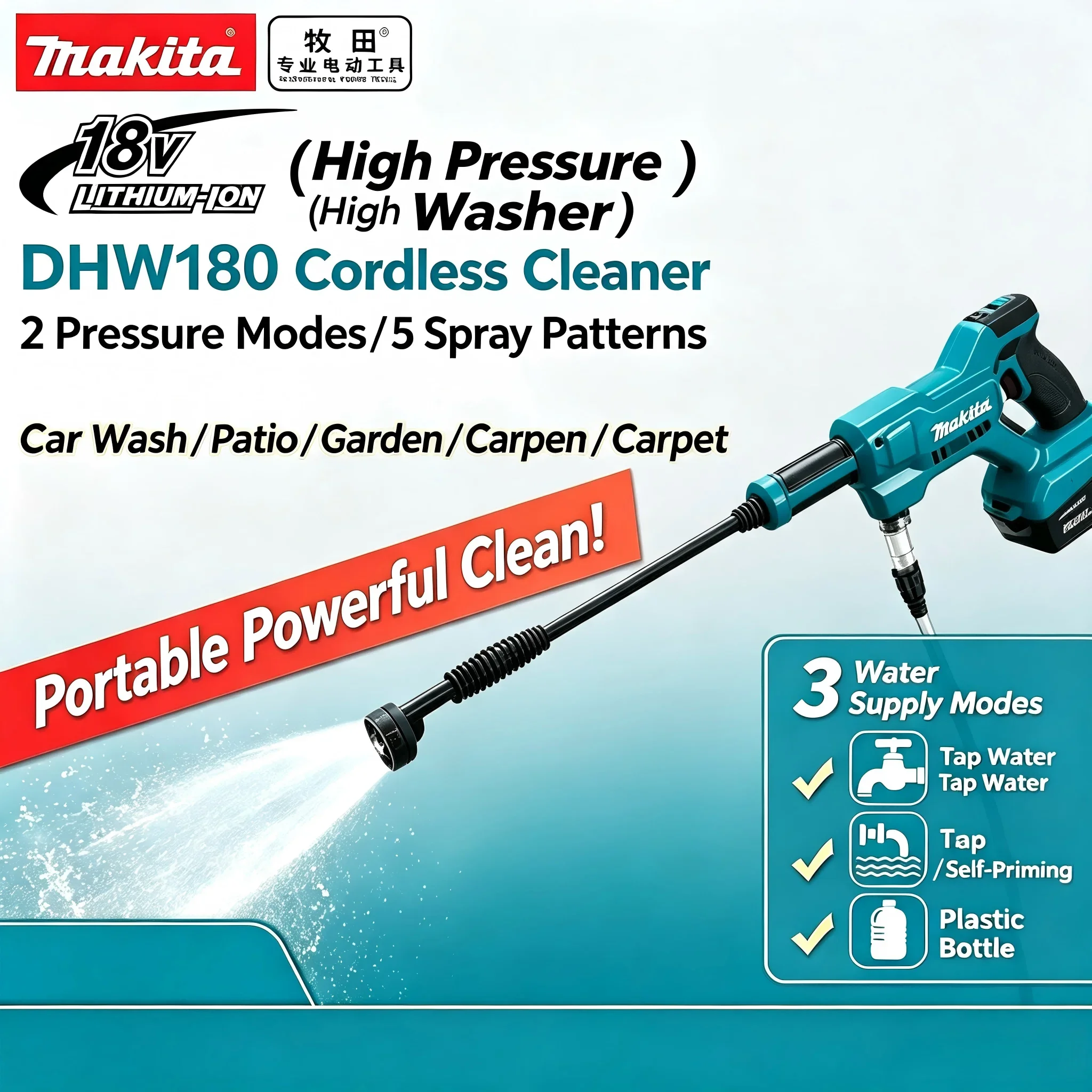 Makita 18V DHW180 High Pressure Water Gun Complete Kit With Li-ion Battery 5 Spray Modes For Car Wash Garden Floor Cleaning