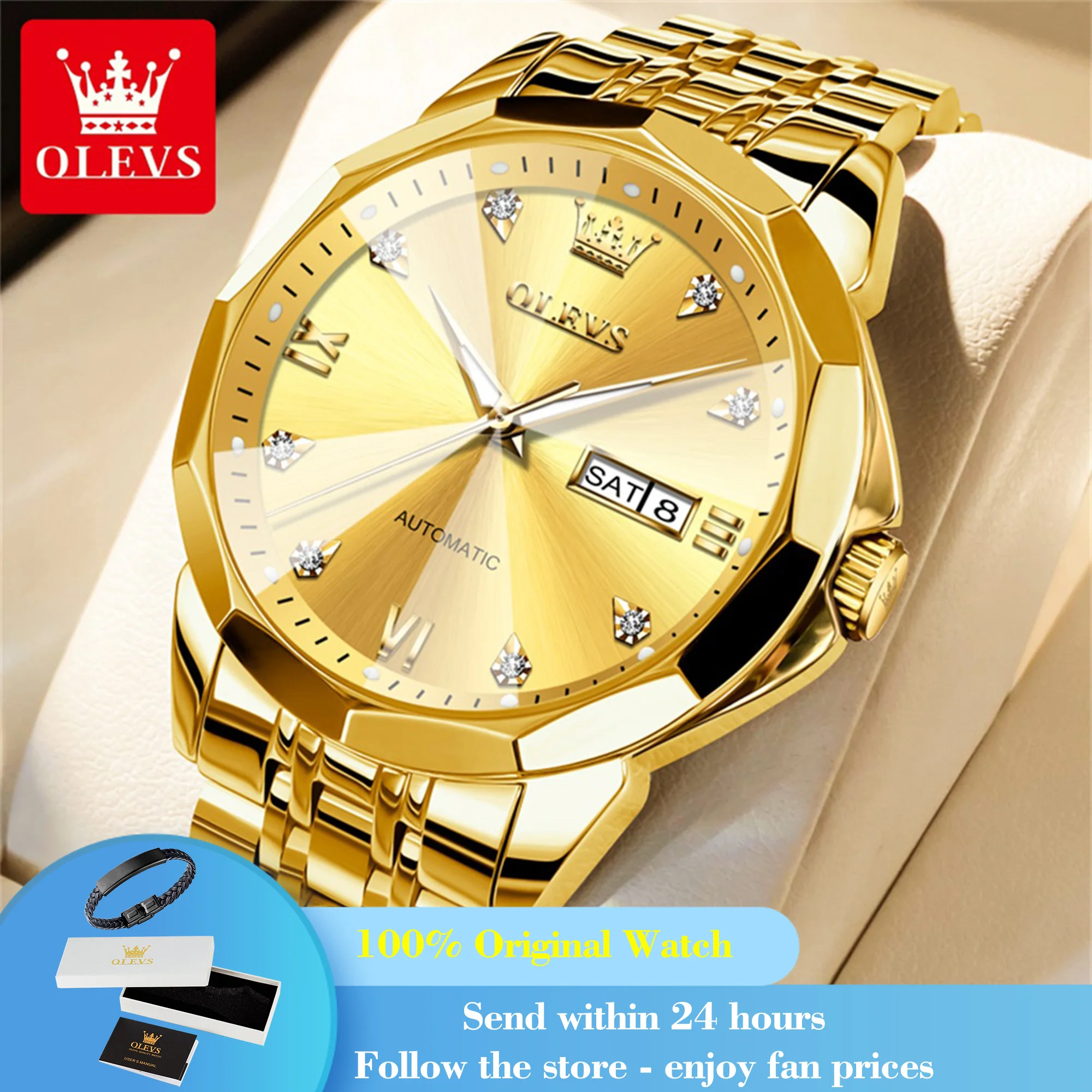 

OLEVS 9982 Men Automatic Watch Classic Top Brand Mechanical Watch For Men Rhombus Mirror Dual Calendar Luxury Male Wristwatch