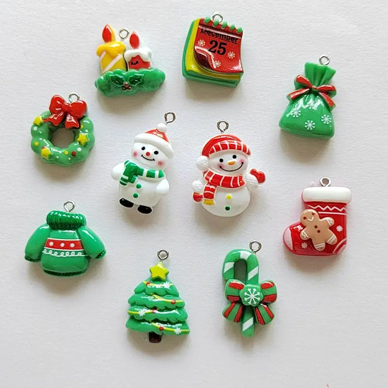 10PCS Christmas Themed Kawaii Gift Jacket Snowman Candle Bag DIY Resin Necklace Pendant Earrings Bracelet Decorative Accessories