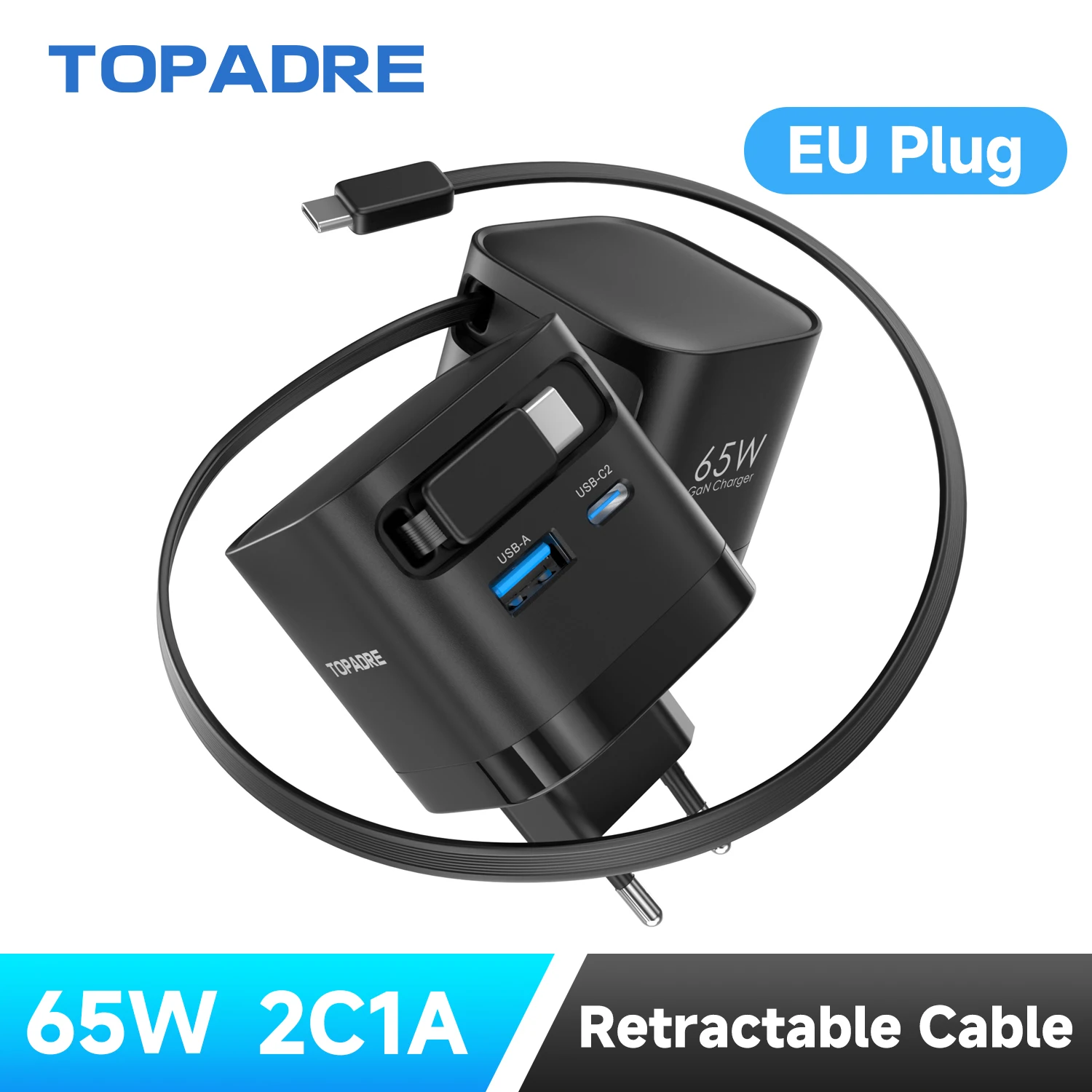 65-W-GaN-Schnellladegerät mit einziehbarem Kabel, faltbarem Stecker, Schnellladeblock, für iPhone, Samsung, iPad, Android-Telefone