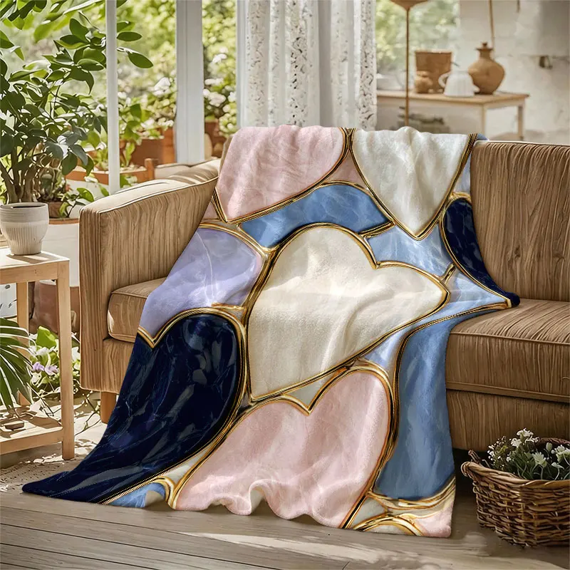 Gold Frame Heart Mosaic Flannel Blanket Warm Soft Halloween Christmas Decorative Couch Warm Cozy All-Season Gift