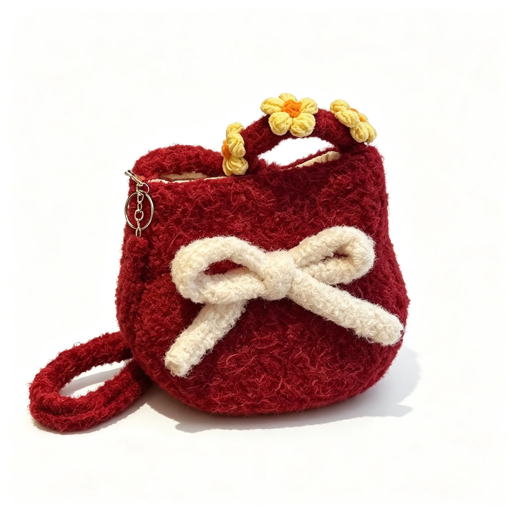 Beige Red Coffee Brown Black Wine Fluffy Fleece Bucket Bag Cute Bowknot Crossbody Shoulder Purse Winter Plush Handbag for Girls