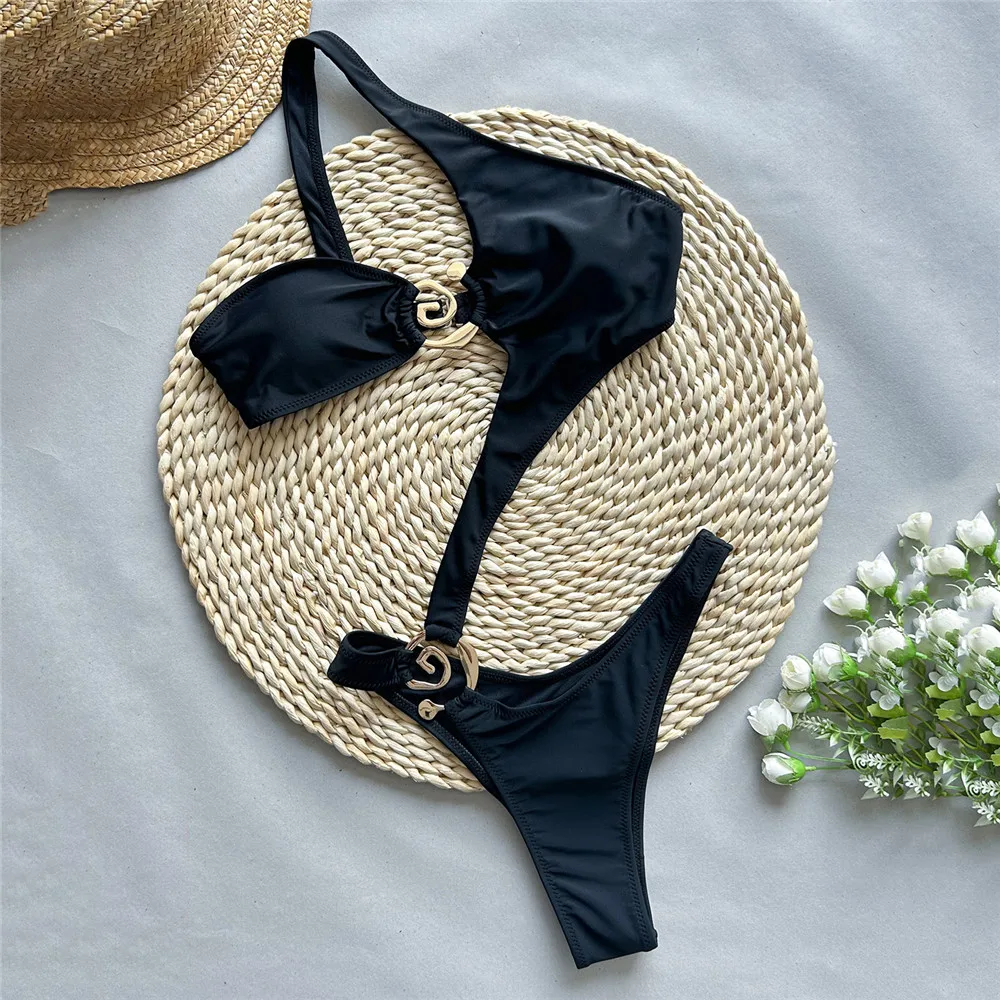 

Черный сексуальный купальник на одно плечо с открытой спиной, женский цельный купальник 2025, Монокини с металлическим кольцом, купальный костюм с высоким вырезом