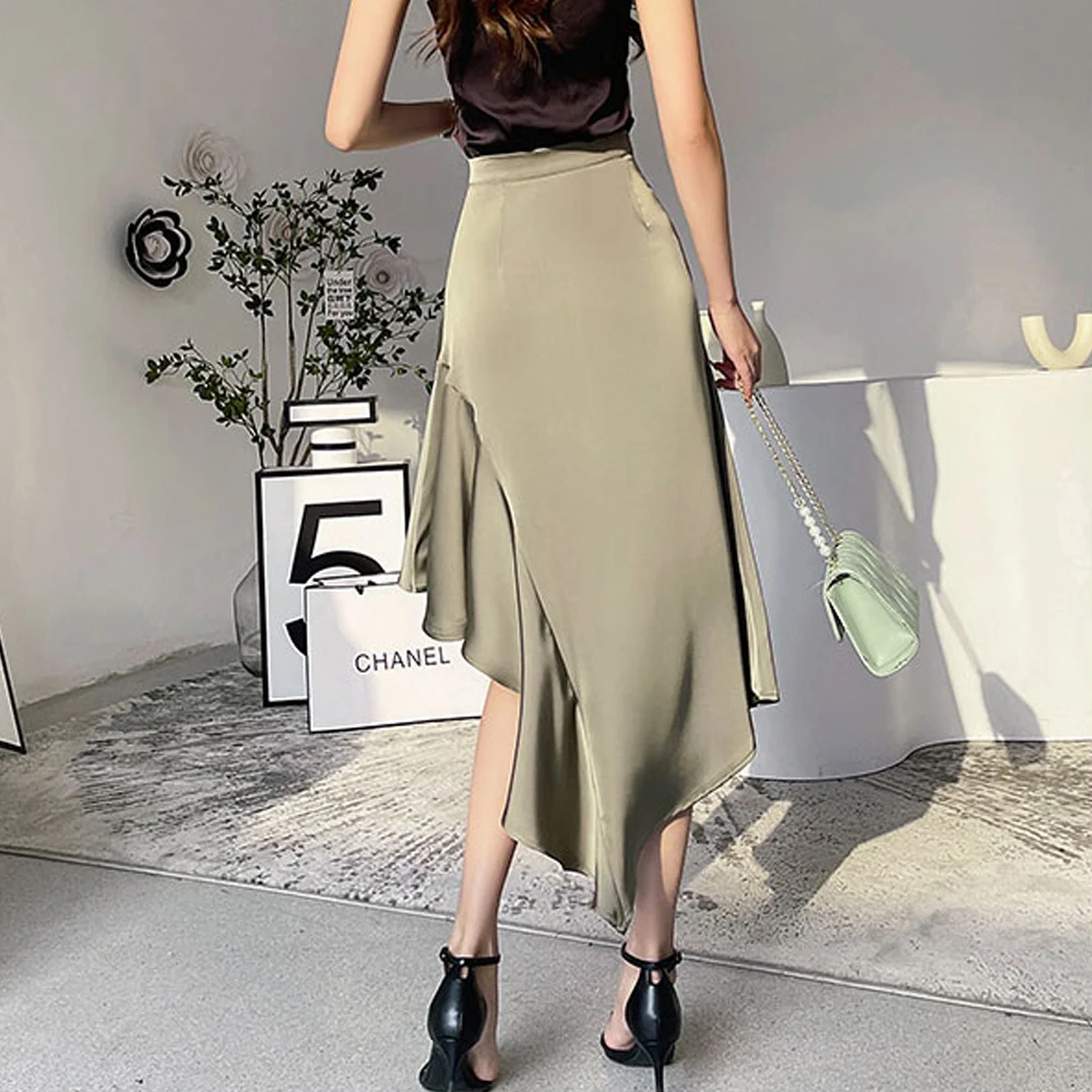 Elegant High Waist Satin Skirts Women Irregular Mermaid Skirt Fashion Streetwear Casual A-Line Skirts Office Lady Long Skirts