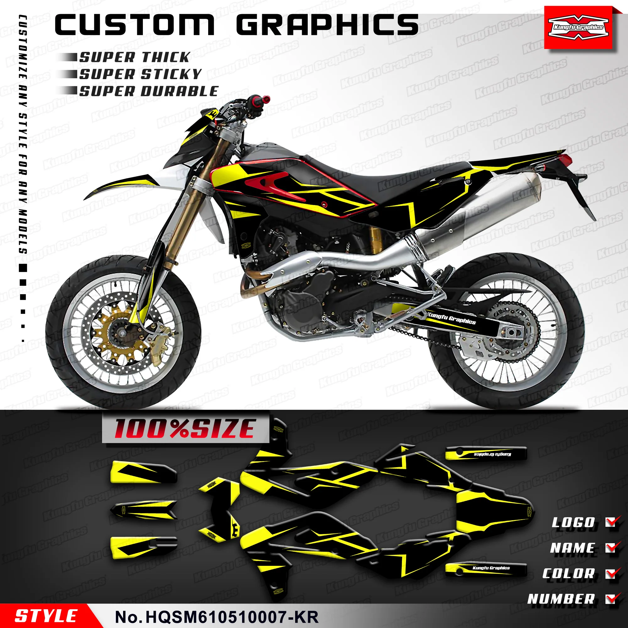 

KUNGFU GRAPHICS Personalised Sticker Decals Kit for Husqvarna SM 610 2005 2006 2007 2008 2009 2010, HQSM610510007-KR