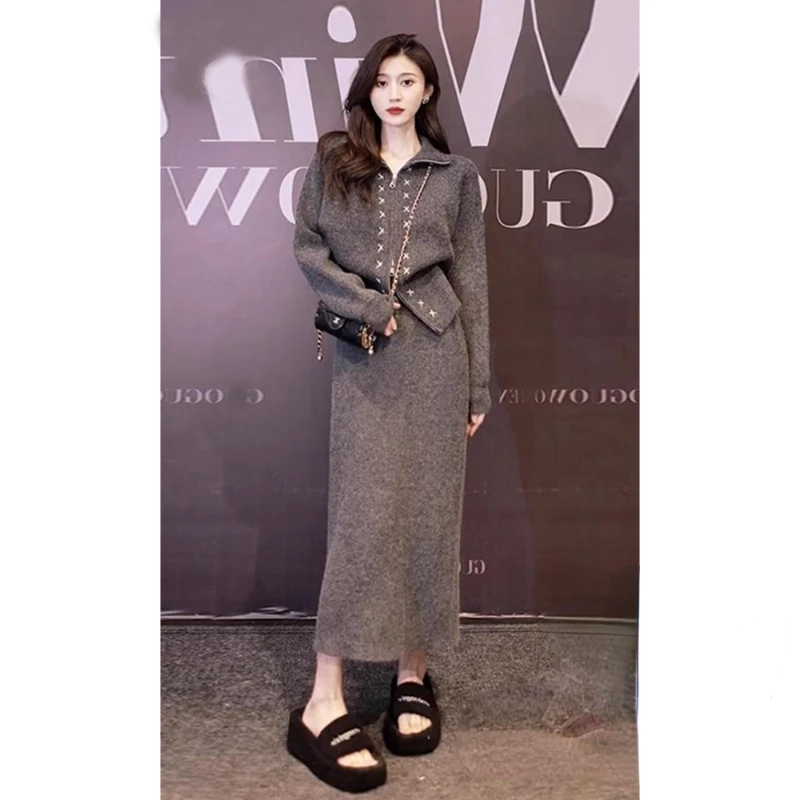 New High Quality Autumn Winter Two Piece Sets for women Turn Down Collar Pullover Sweater + Long Skirt Suits Winter Warm Outfits