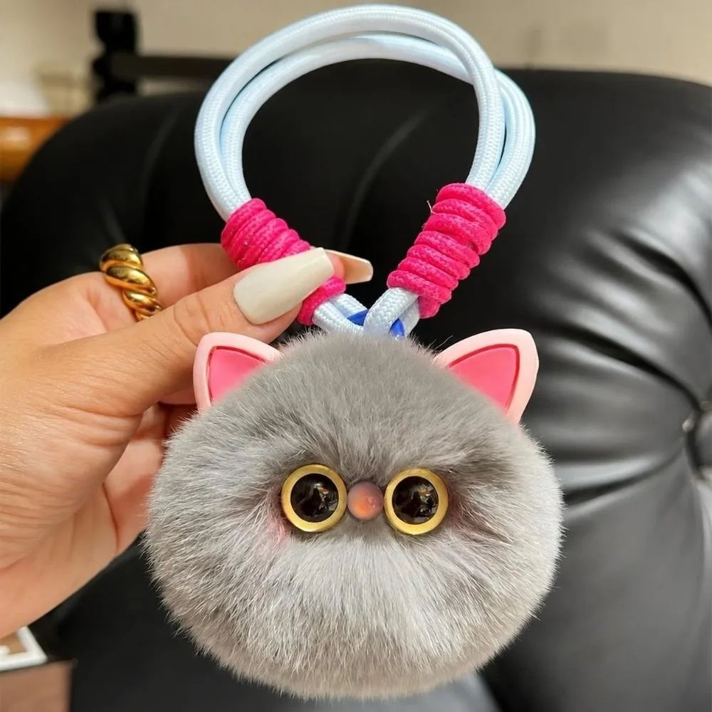 Cute Braided Hand Rope Cat Keychain Faux Rabbit Fur Soft Cat Key Ring Kawaii Cartoon Animal Pendant Backpack Decor