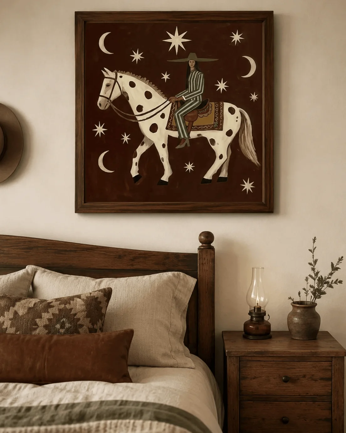 Western Woman Rider Wall Art Canvas Prints, Moon Star Spotted Horse Posters, Vintage Folk Decor for Living Room Bedroom Decor