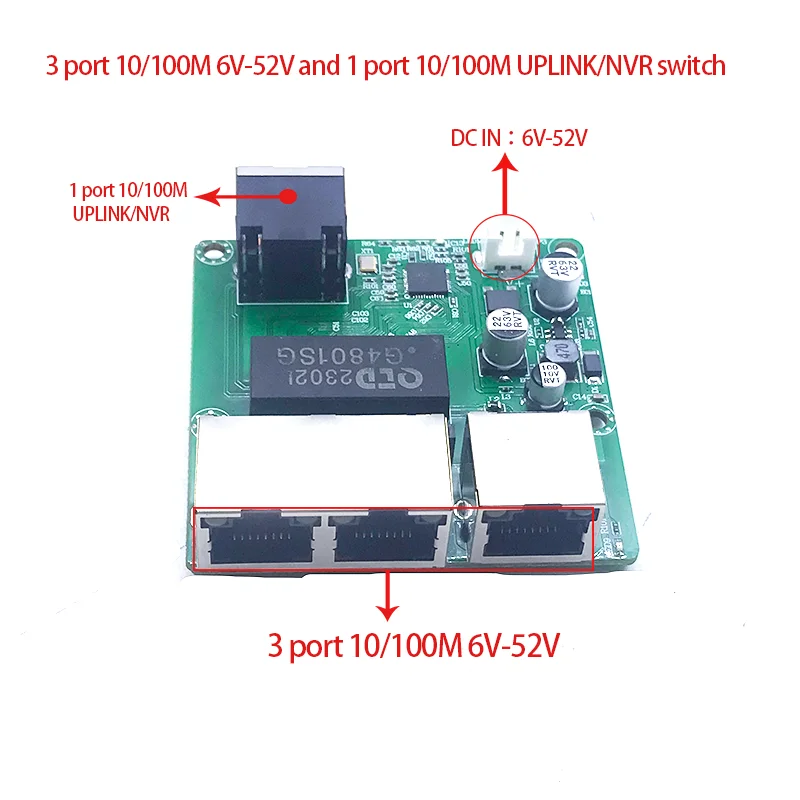 Mini PCBA وحدة تبديل اللوحة ، 3 منافذ ، 10 م ، 100 م ، 1 منفذ ، 10 م ، 100 م ، الإرسال ، NVR ، 6 فولت-52 فولت