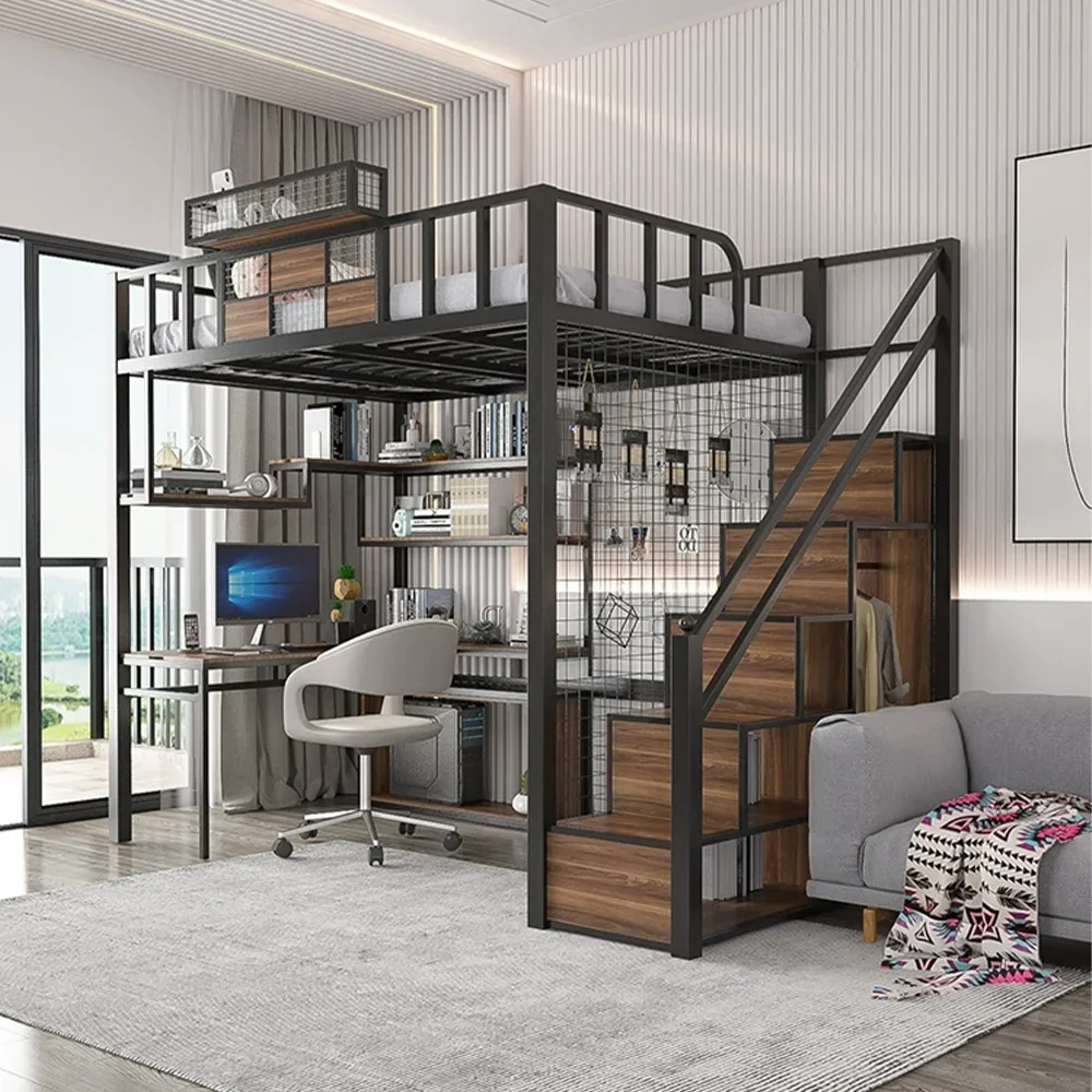 Factory Direct Small Apartment Home Dormitory Metal Stable Student Wooden Storage Loft Bunk Bed With Desk