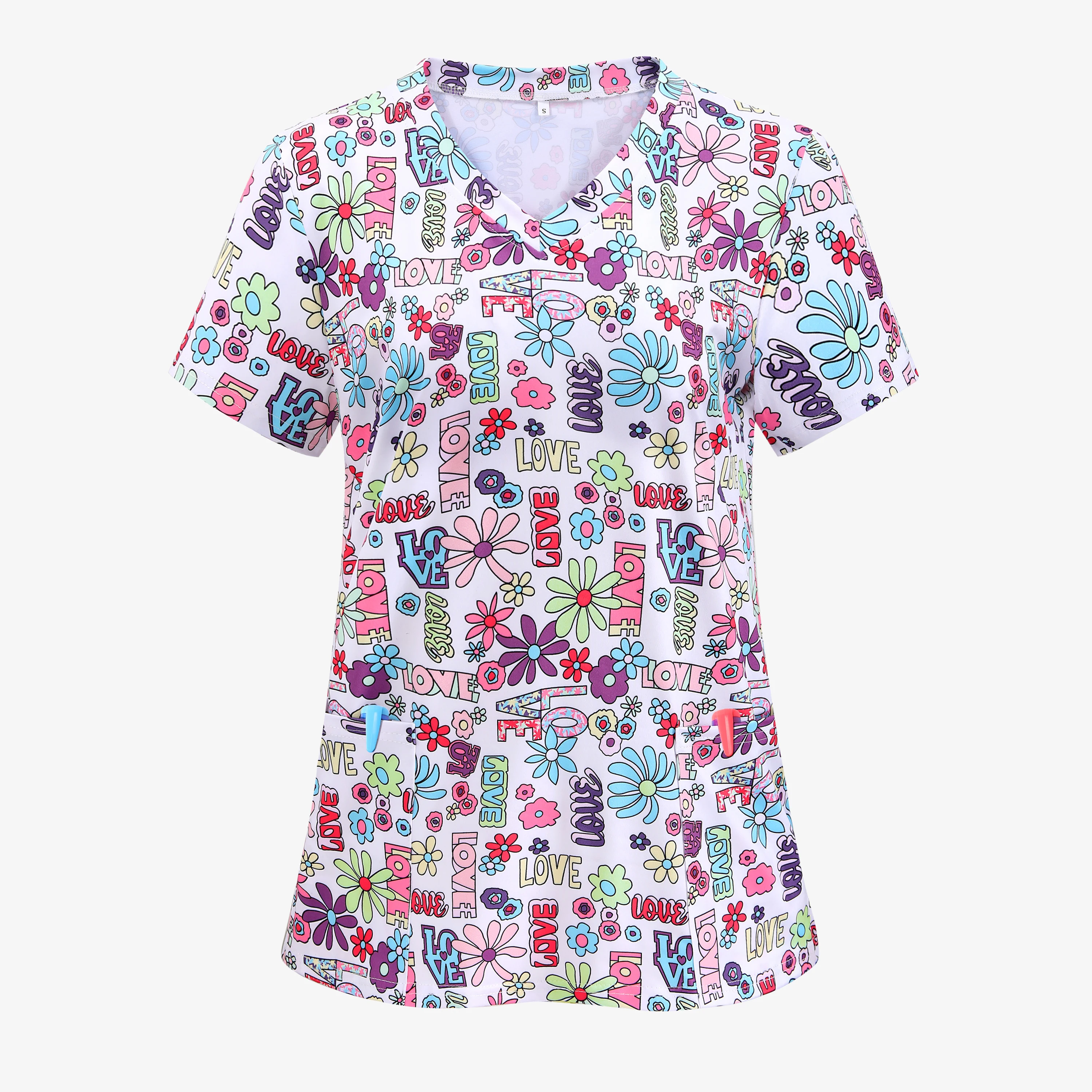 

XUANSHOW Womens Nurse Style Scrub Tops Summer LOVE Geometric Print Short Sleeve Uniform V Neck Summer Casual Tees