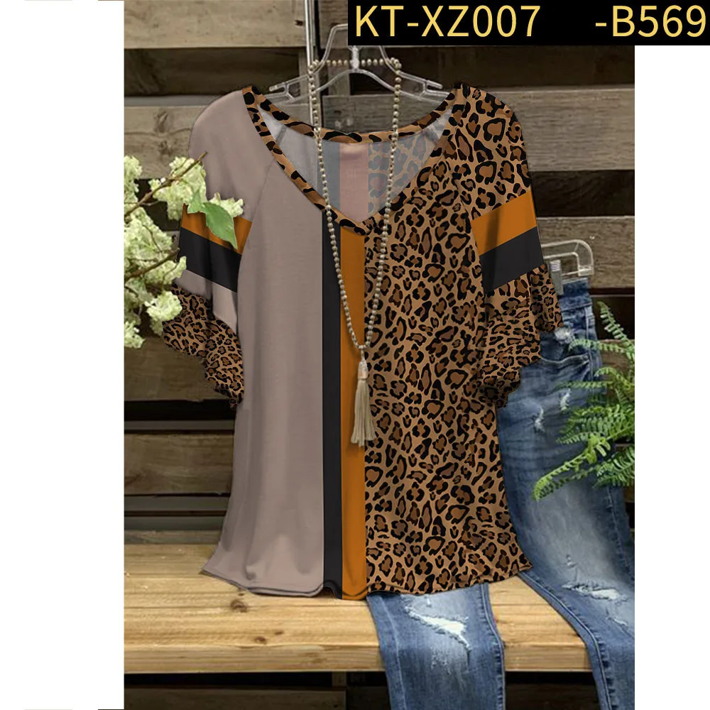 New Female Sexy T-shirts Leopard Print Fashion Shirts y2k V-neck Patchwork Short Sleeve Summer Tops