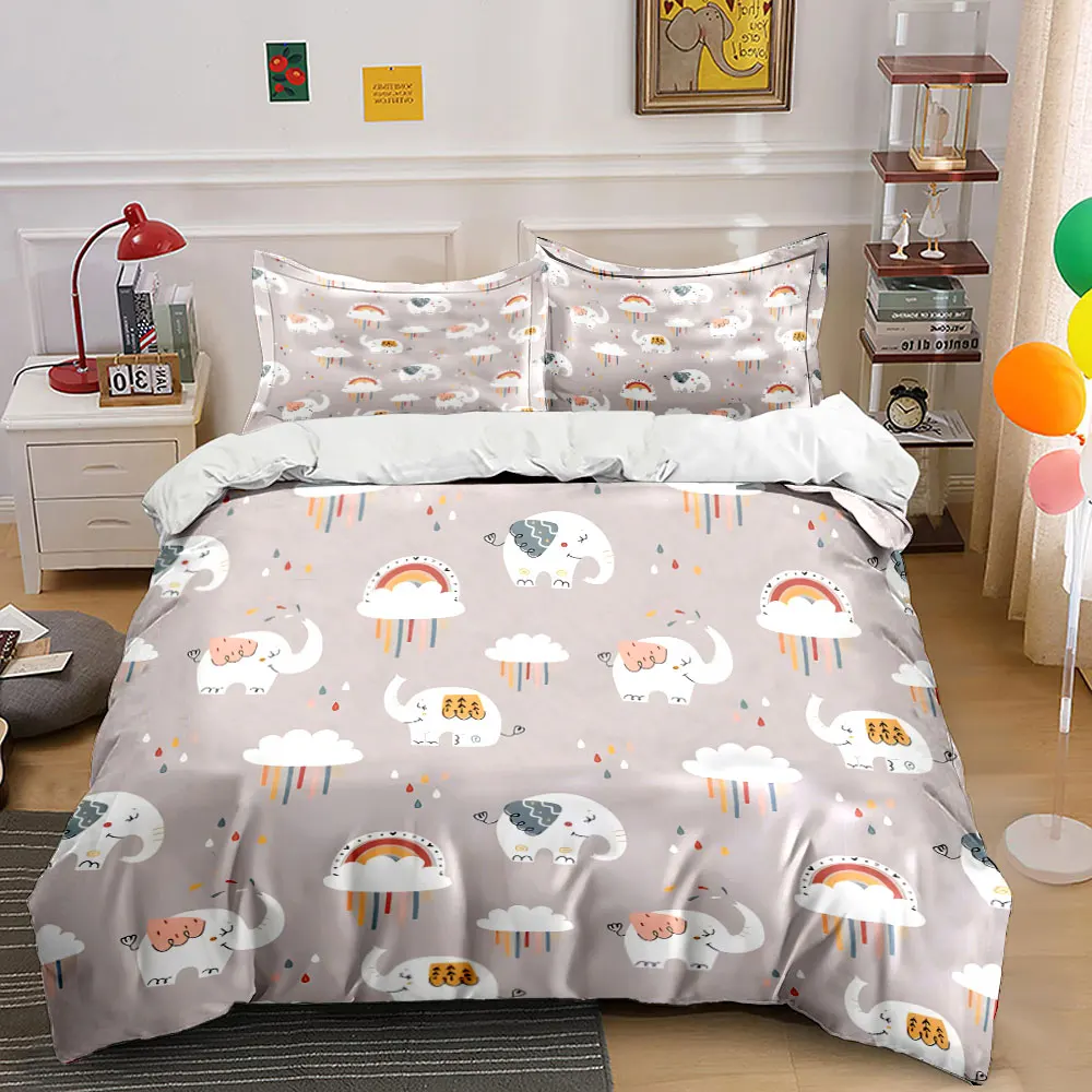 Elephant Rainbow Clouds Raindrops Pattern Duvet Cover Set Digital Print Colorful Polyester Bedding with Zipper Closur for gifts