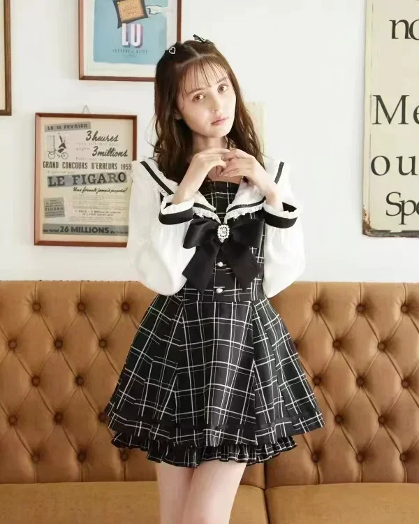 

Spring Summer Sweet Lolita Bow Dress Shorts Suit Two-Piece Set Rojita Japanese Sailor Collar Slimming Short Dress for Women