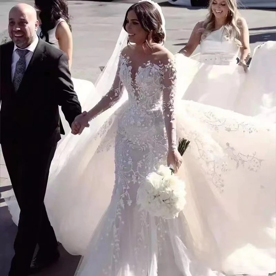 Vestido De Novia De sirena De manga larga con cuello en V De ilusión De lujo, apliques De tren desmontable, vestido De Novia bohemio