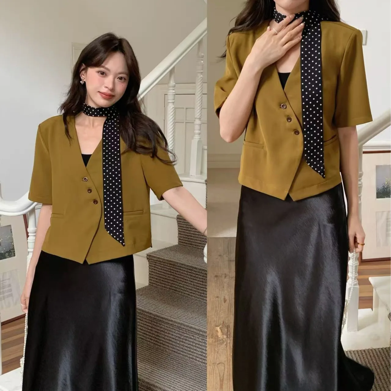 

Korean Style Short Sleeve V-Neck Suit with Sash Elegant Women's Fashion Summer Outerwear Chinoiserie Aesthetic Minimalist