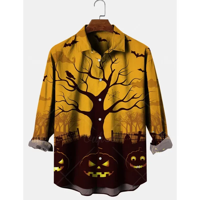 

Halloween Printed Men's Shirts Castle Printed Men's Long Sleeved Horror Spooky Style Holiday Shirt Men's Autumn Long Sleeved Top