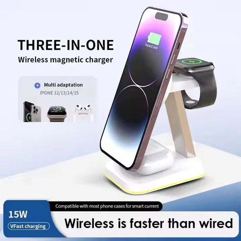 2025 بيع Qi2 محطة شاحن لاسلكي 30 واط 3 في 1 حامل شحن لاسلكي آيفون 17 16 15 14 13 12 برو/ماكس مع ضوء الليل