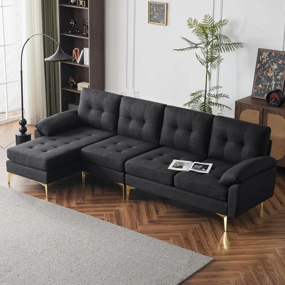 120” Wide Black Convertible L-Shaped Sectional Sofa, 4-Seat Linen Reversible Sectional Couch, Comfy Couch with Chaise Lounge