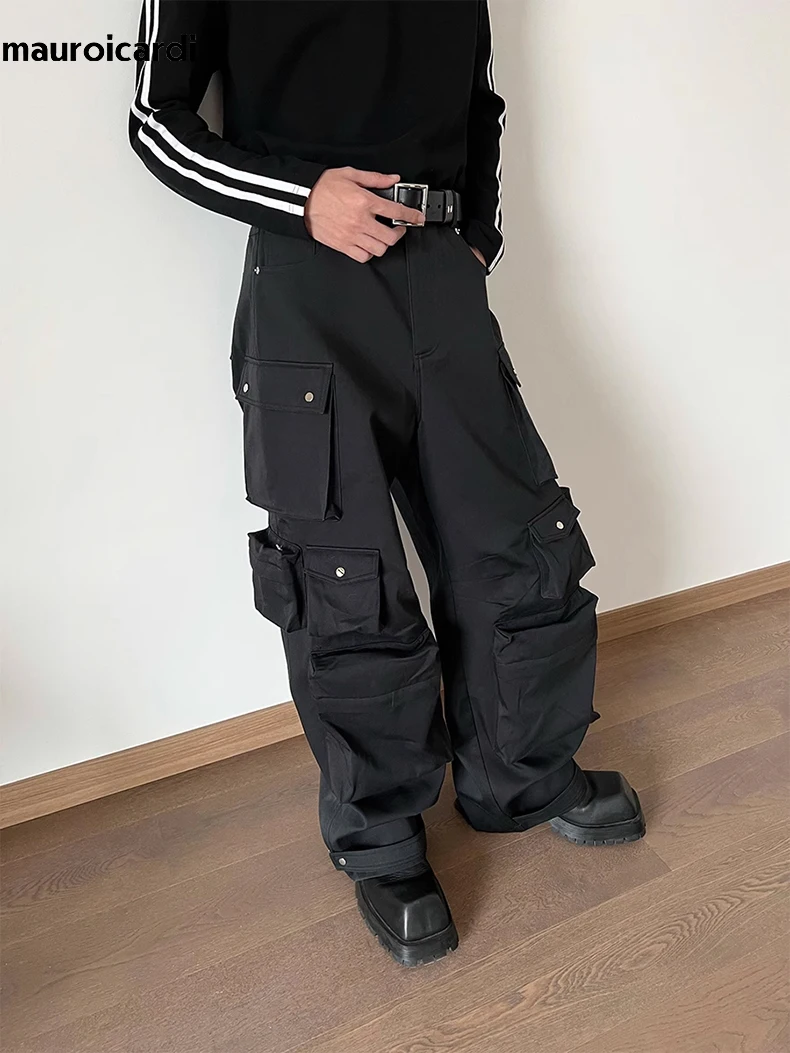 Mauroicardi Spring Autumn Cool Black Wide Leg Cargo Pants Multi Pockets Long Techwear Clothes Handsome Trousers Streetwear 2023