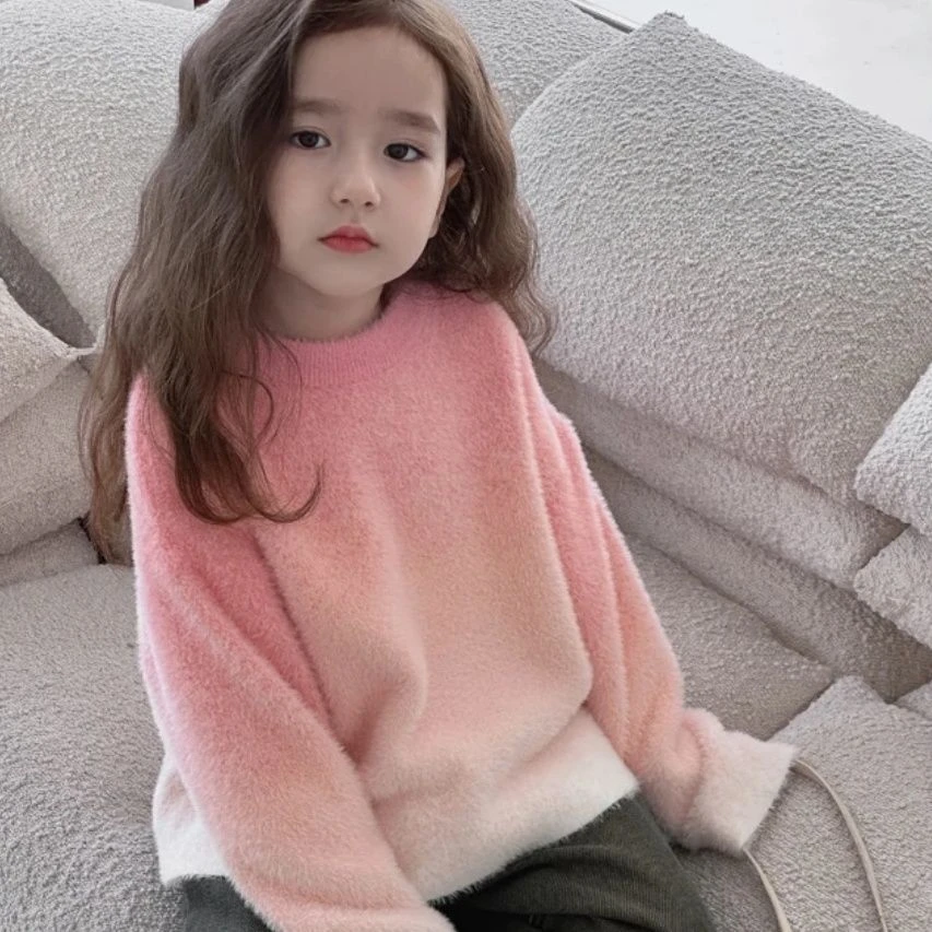 

Winter wpring Girls Gradient Color Sweater 2024 Fashion Round Neck Pink Childrens Pullovers Versatile Knitwear Thickened Tops