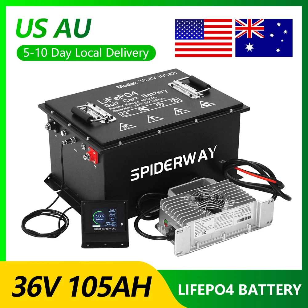 36V 105Ah LiFePO4 Lithium Battery Built-in 200A BMS W/ Charger for Golf Cart Solar Marine Off-Grid, Support APP & Bluetooth