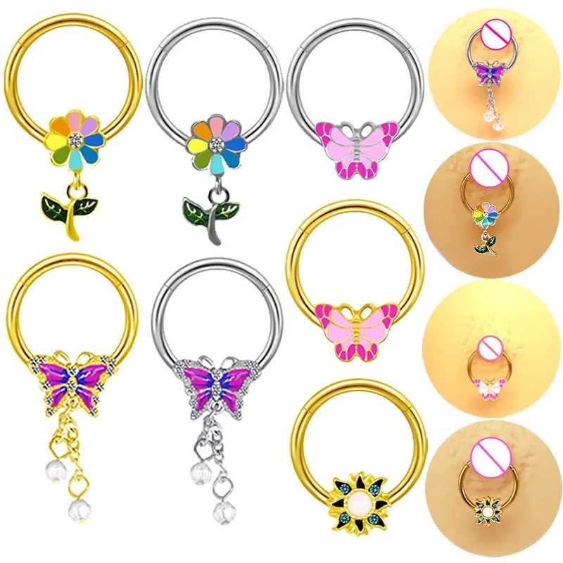 Stylish and Elegant Butterfly Clicker Hoop Nose Nipple Ring Earrings Small Flower Sun Closed Ring Nose Piercing Jewelry