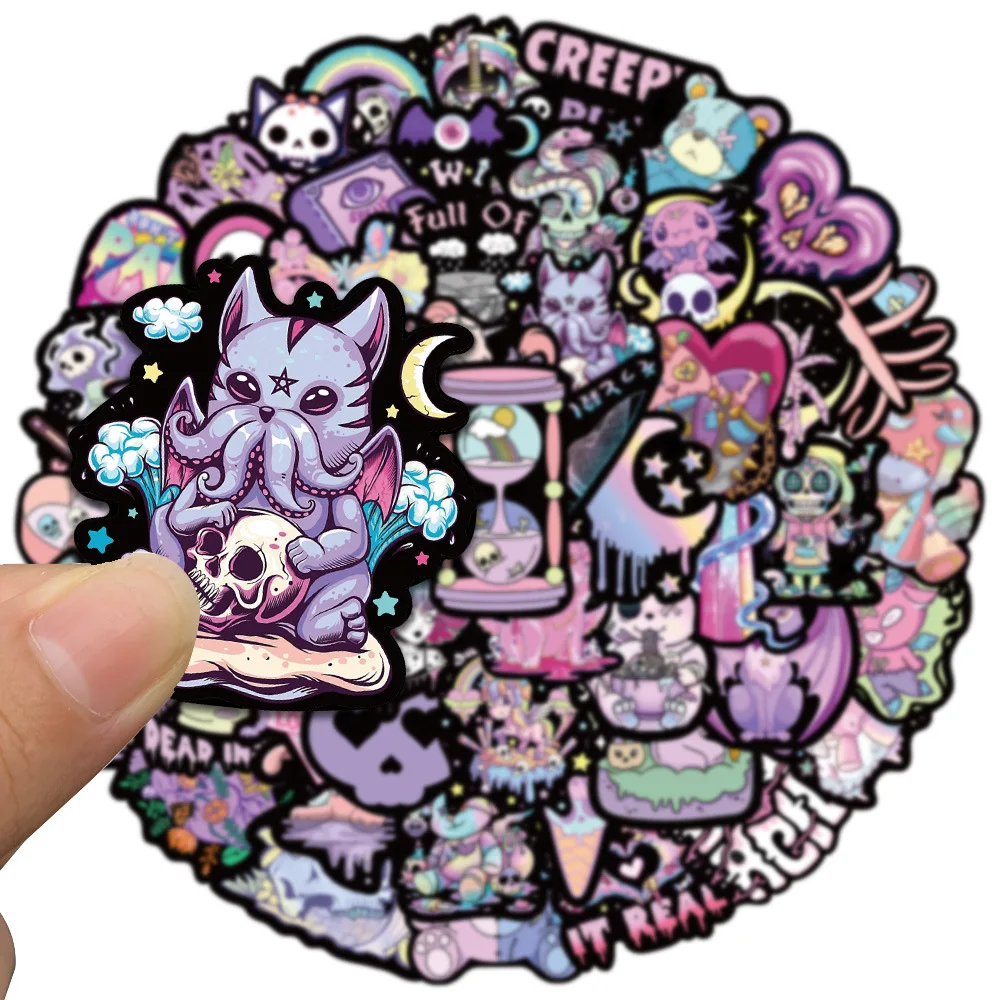 10/53Pcs Cute Gothic Horror Stickers Halloween Imp Skull Cartoon Decals for Kids Notebook Laptop Fridge Guitar Sticker Toy