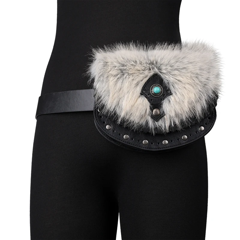 

Medieval Retro Waist Bag Emerald Fur Pu Leather Pouch Cosplay Prop Renaissance Punk Party Travel Money Purse