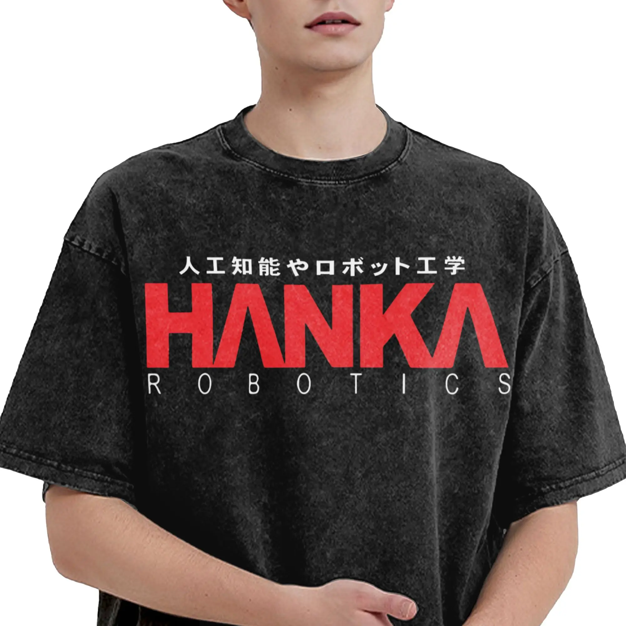 Hanka Robotics Ghost in the Shell Washed T Shirt Streetwear Hip Hop Cool T-Shirt  Tees Tops Men Women Short Sleeve Streetwear