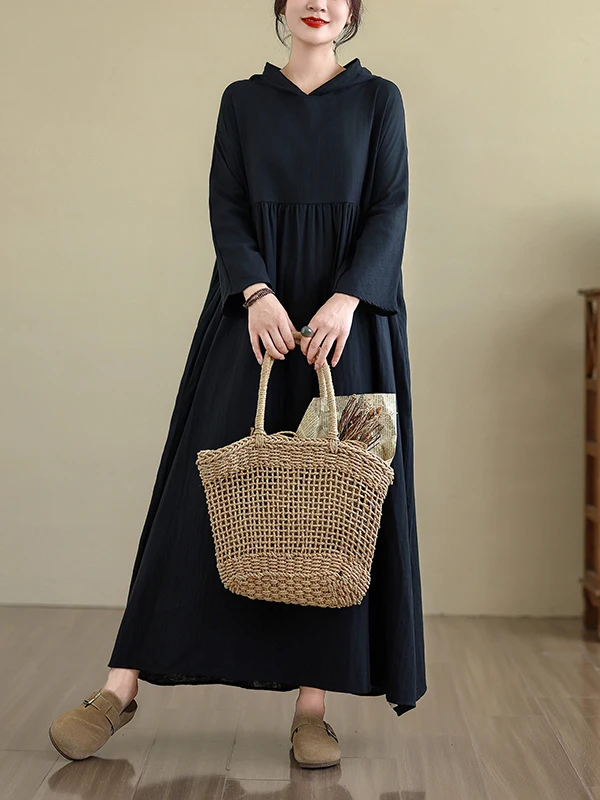 Women's Long Sleeve Double Layered Cotton Linen Dress with Hat Print Casual Commute Style Loose Waist A-Line Skirt