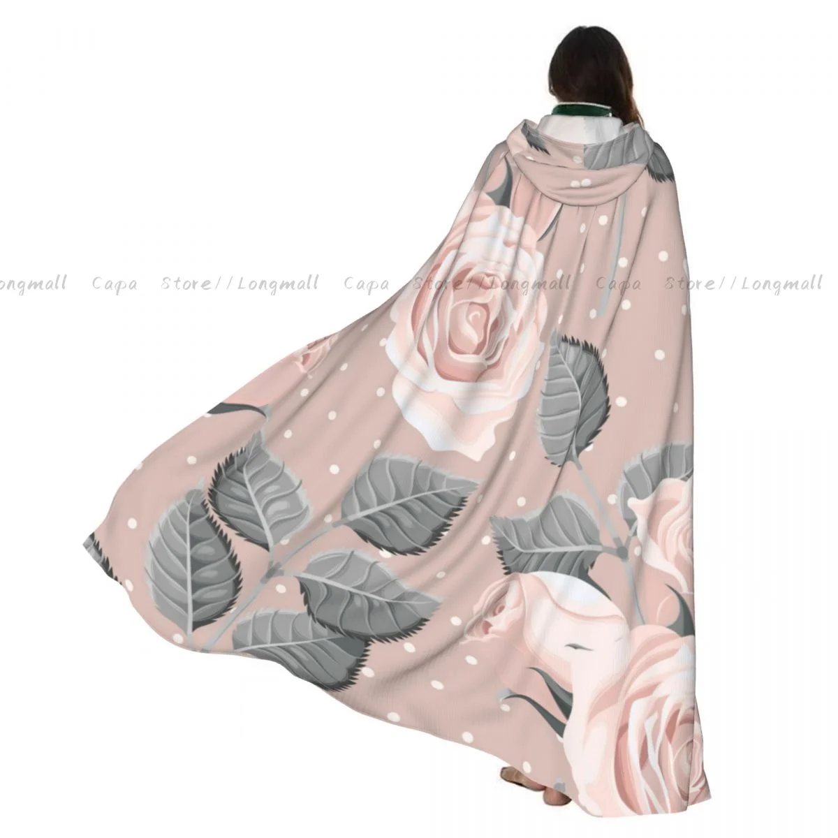 Adult Vampire Cape Hooded Robe Vintage Roses And Leaves Halloween Cloak Full Length Cosplay