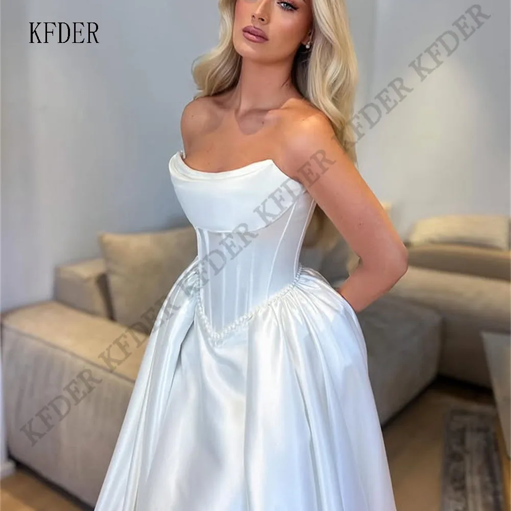 Custom Off The Shoulder Satin Wedding Dress Pearls Draped A Line Bridal Dresses Long Vestidos De Novia Wedding Gown