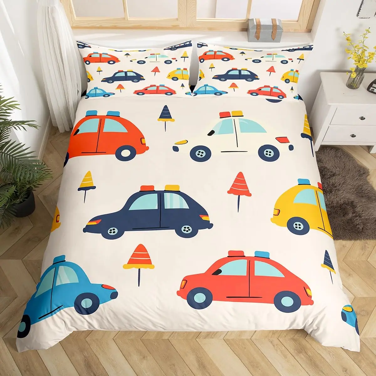 Boys Duvet Cover Cartoon Police Car Bedding Set Vehicles Print Comforter Cover for Kids Teen Bedroom Decor Policeman Quilt Cover