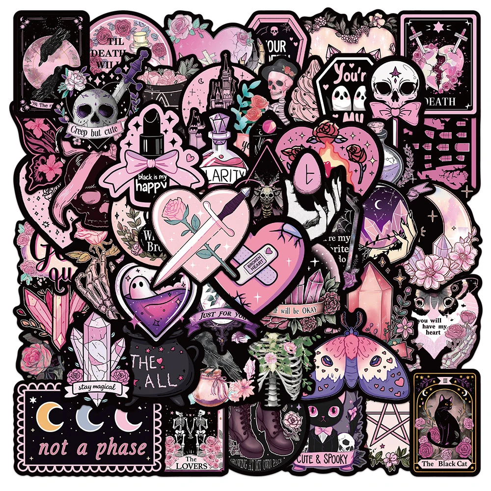10/30/50pcs Gothic Pink Black Graffiti Sticker Cool Tarot Skull Cartoon Decals DIY Suitcase Luggage Scrapbook Aesthetic Sticker