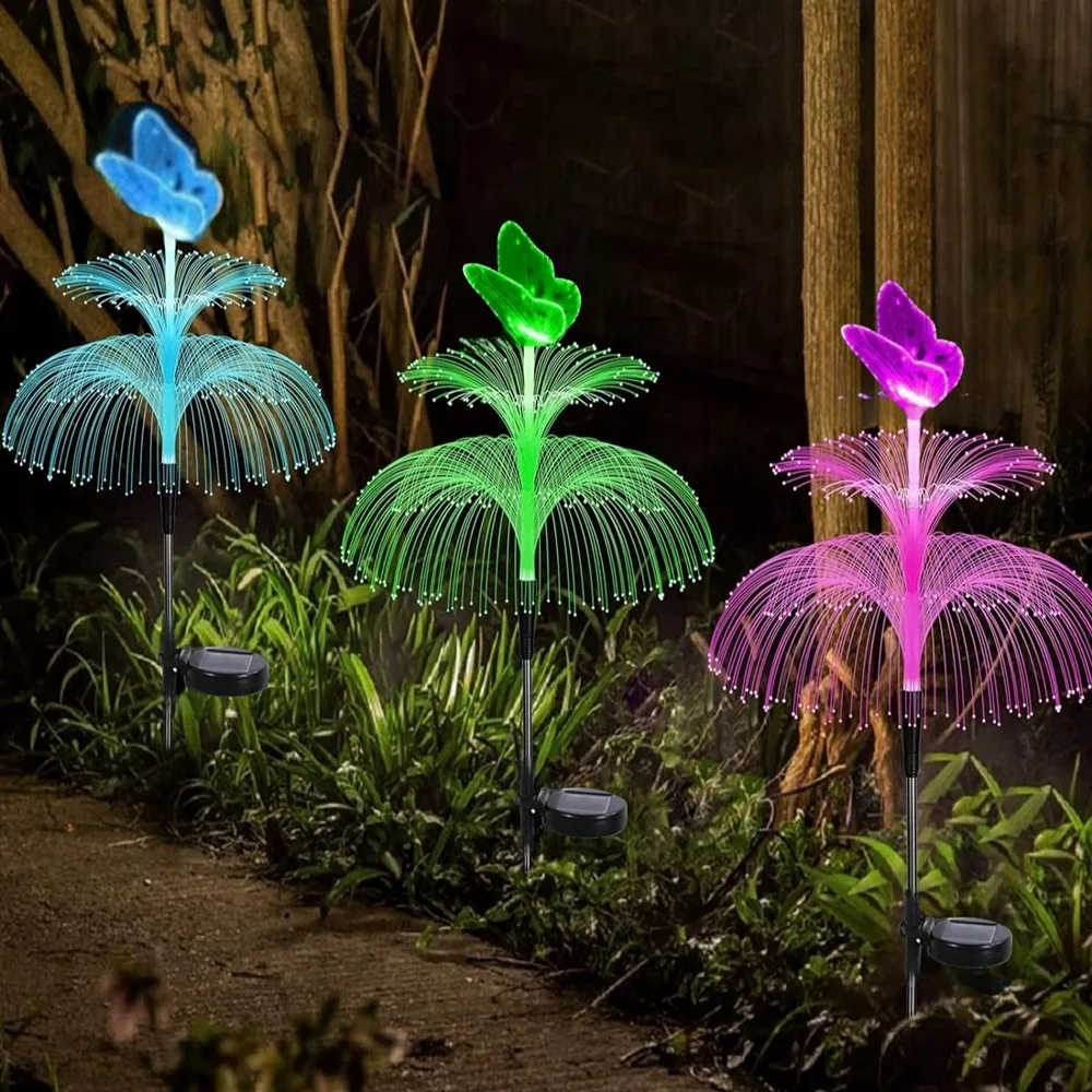 Solar-Powered Double-Layer Butterfly Jellyfish Lights Garden Light 7 Colors Changing Outdoor Decorative Lamp Yard Pathway Lights