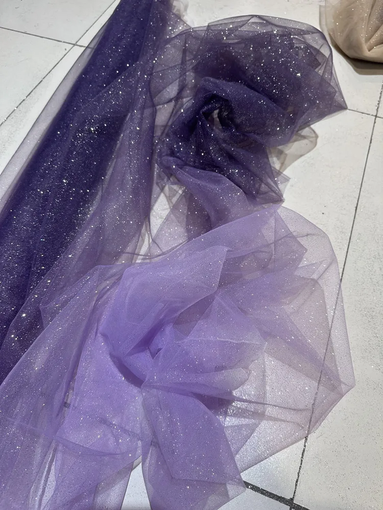 Purple Blue Green Gradient Spray Silver Powder Gauze Cloth Starry See-through Dress Glitter Tulle Fabric Fabric
