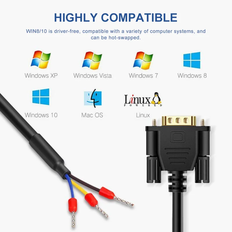 DB9 RS232 Serial Straight Cable 0.5/1/3/5/10M 9pin to 3-cores Gold Plated Plug Connector Male Female Nickel Plated Data Cable