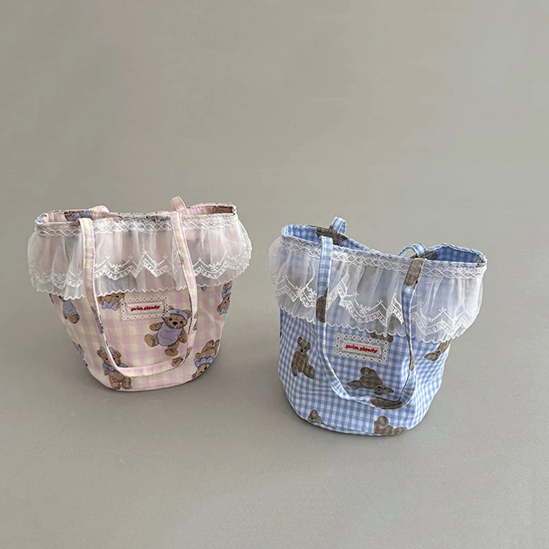 

Ladies' Handbags Cartoon Teddy Bear Print Lace Plaid Korean Cute Dopamine Kawaii Sweet Portable Large Capacity Handbags For Girl