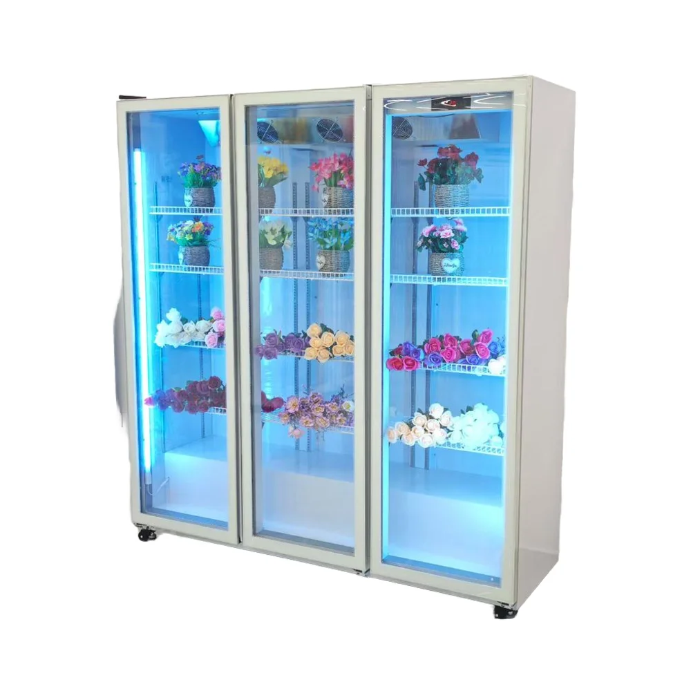 Three-Door White Display Refrigerator Glass Door Flower Cooler   Commercial Large Capacity Floral Cooler Cabinet