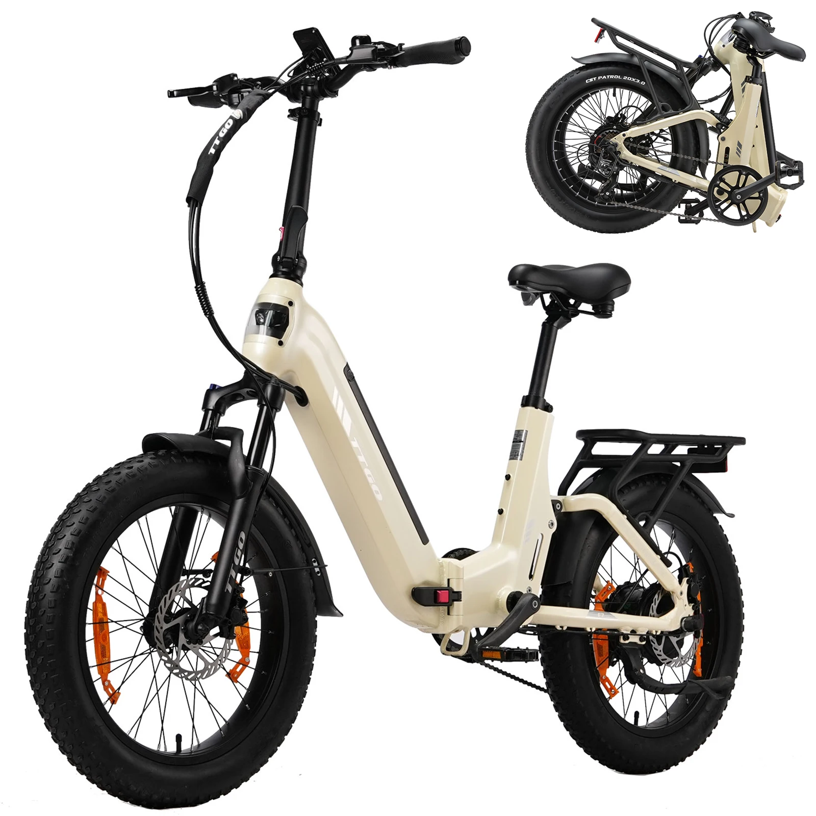 F7 Elektrofahrrad Schneemobil 20" Fat Tire 48V 15Ah Batterie 100-120KM Reichweite Elektrofahrrad Klappbar 70Nm Drehmoment Federgabel 7-Gang Hydraulische Bremse LCD-Display Erwachsenen-Mountainbike
