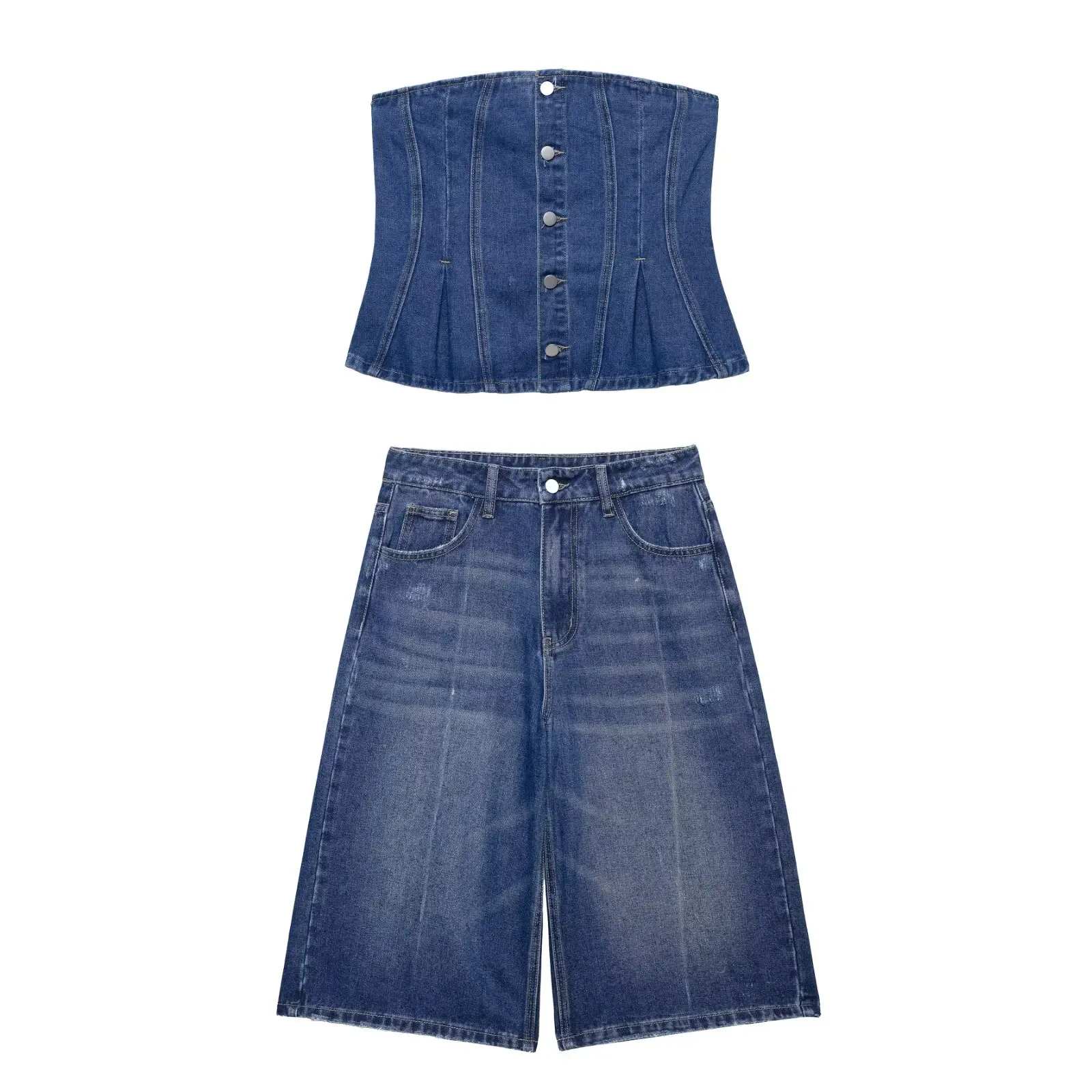 

Taop&Za2025 Womens Denim Set Strapless Buttoned Corset Top with High Waist Wide Leg Shorts for Trendy Daily and Casual Wear
