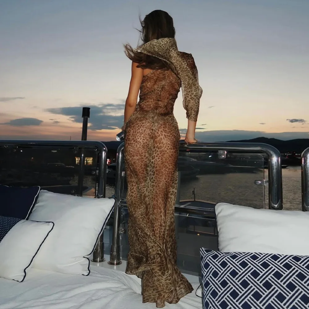 2025 Summer New Leopard Print Sexy Sheer Asymmetric Shoulder Single Sleeve Slim Fit Hot Girl Long Dress